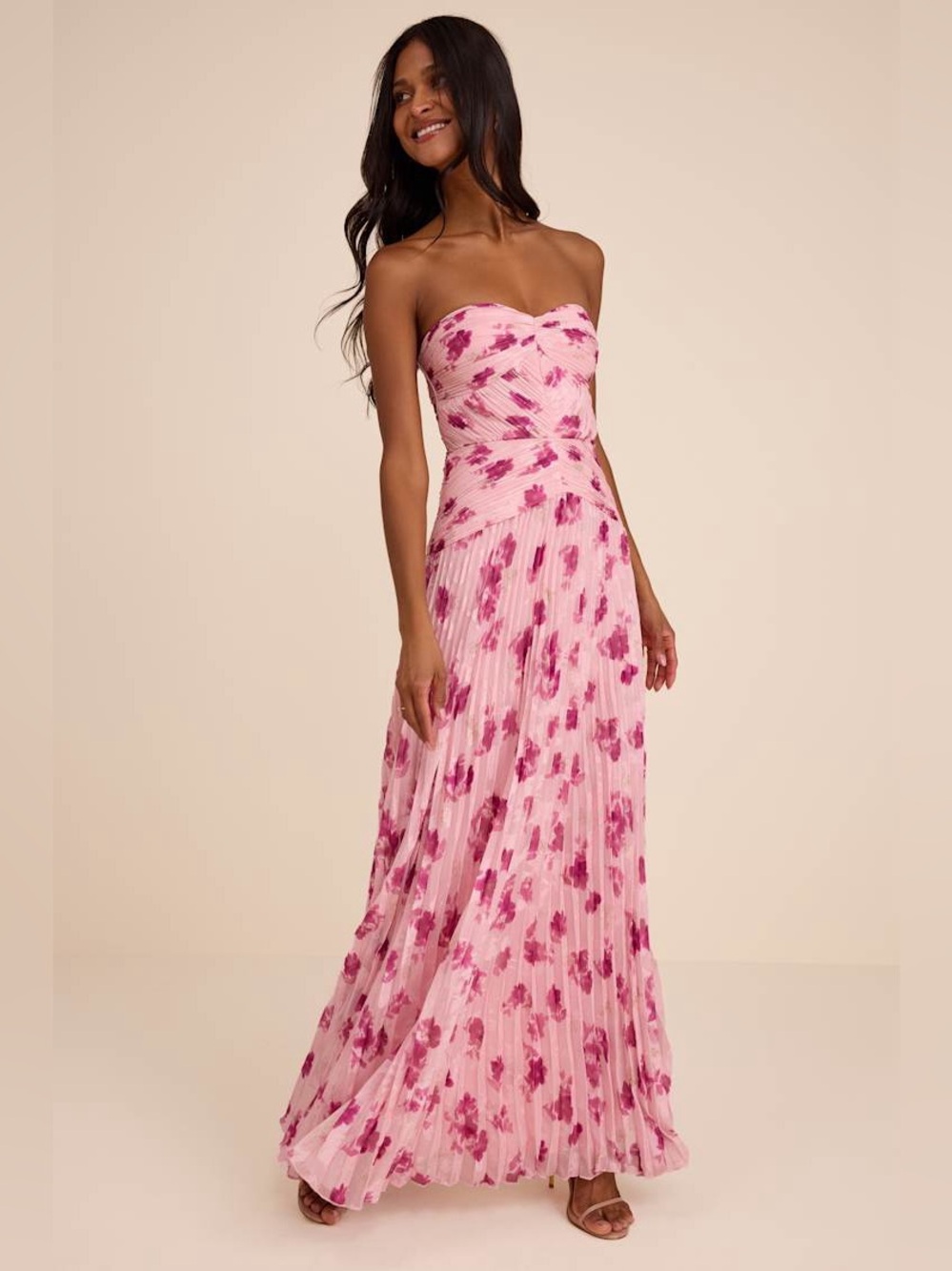 Lulus Elkay Light Pink Floral Pleated Drop Waist Maxi Dress